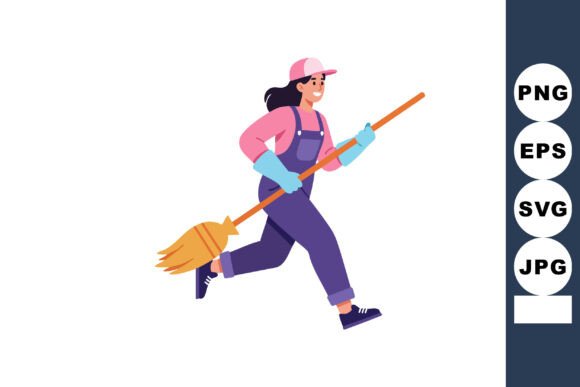 Capturing Joyful Motion: The Woman Running with Broom in Purple Overa