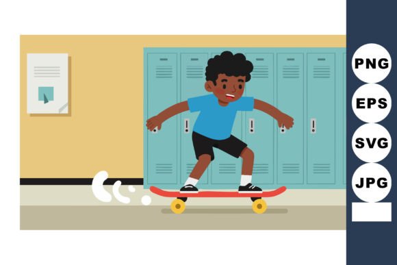 Capturing Youthful Energy: The Boy Skateboarding Inside School Hallway Art