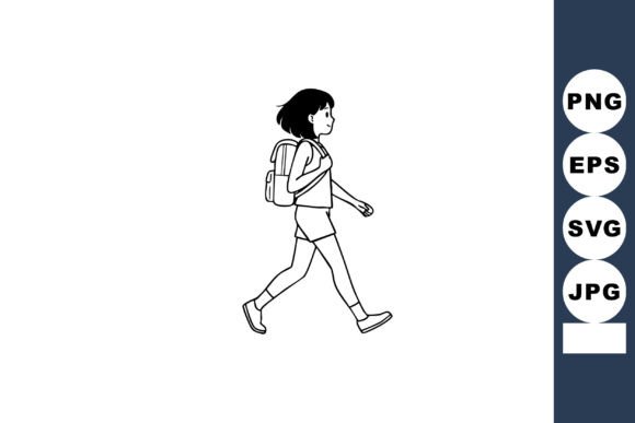 Girl Walking with Backpack Black and White Vector